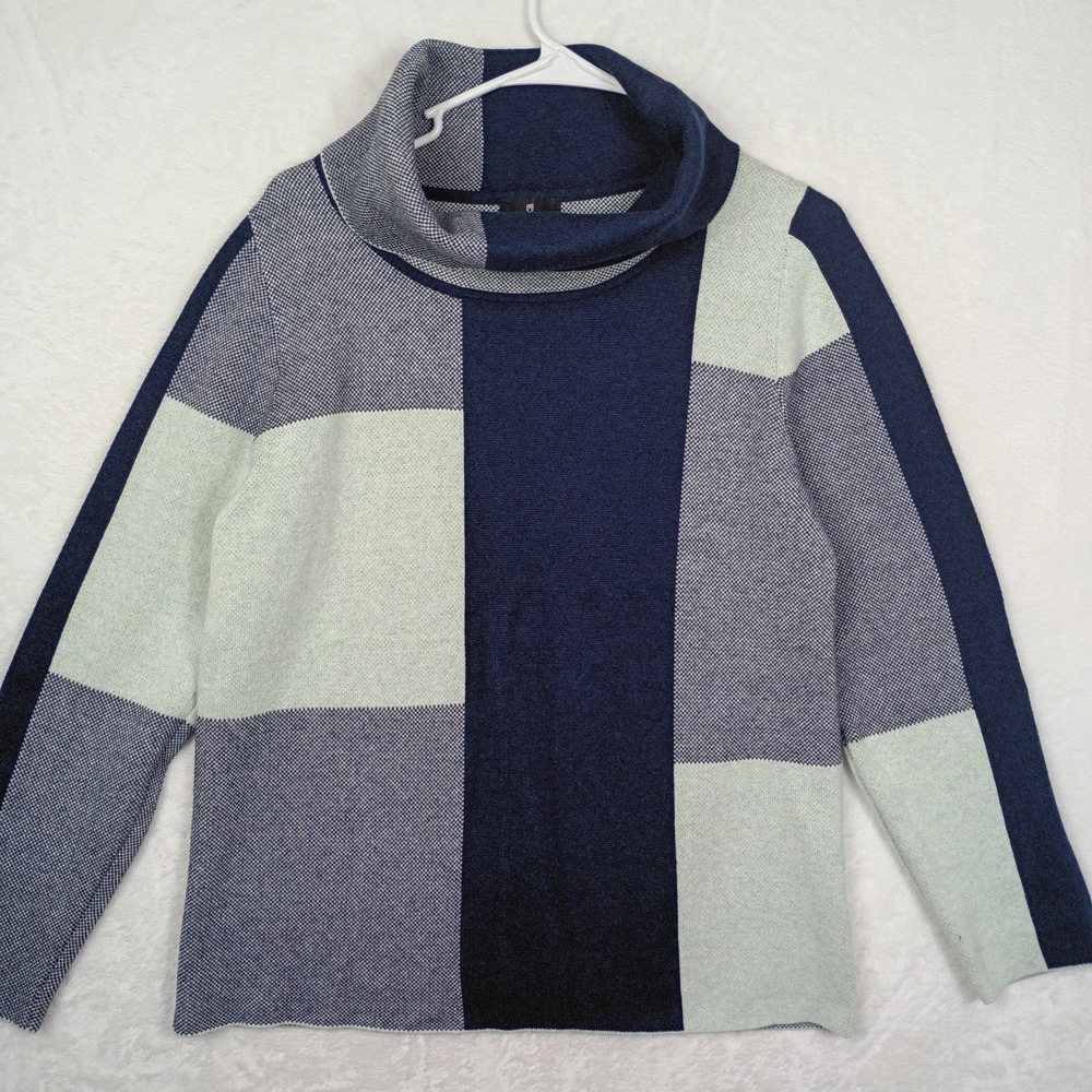 Marble Scotland Cowl Neck Colorblock Cotton Knit Sweater Navy Blue Grey Womens M